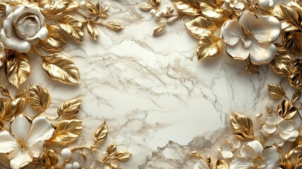 Golden Leaves and White Flowers on Marble Background