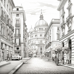 black and white clean coloring page for adults, street shot of downtown, Rome