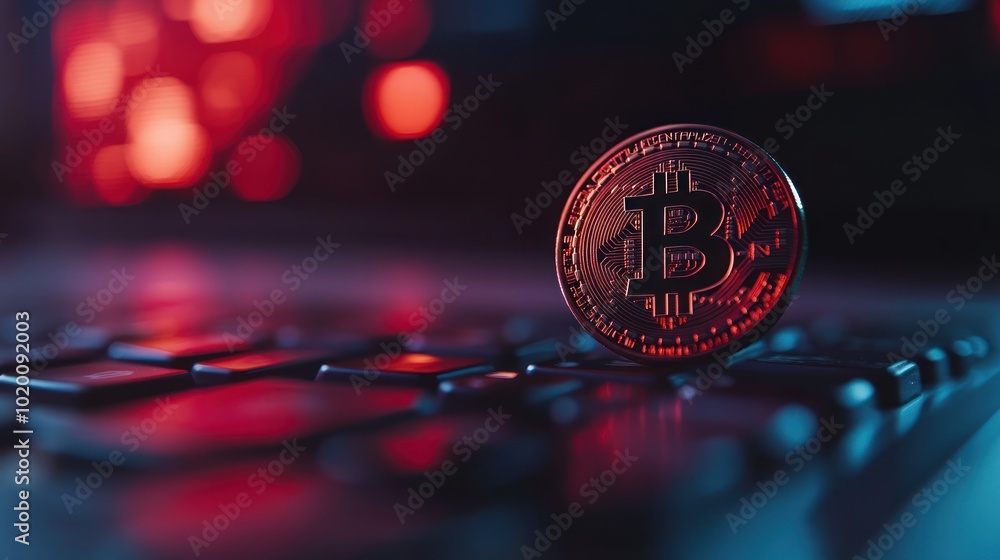 Poster a bitcoin coin placed on a keyboard, reflecting the interconnectedness of technology and finance in 
