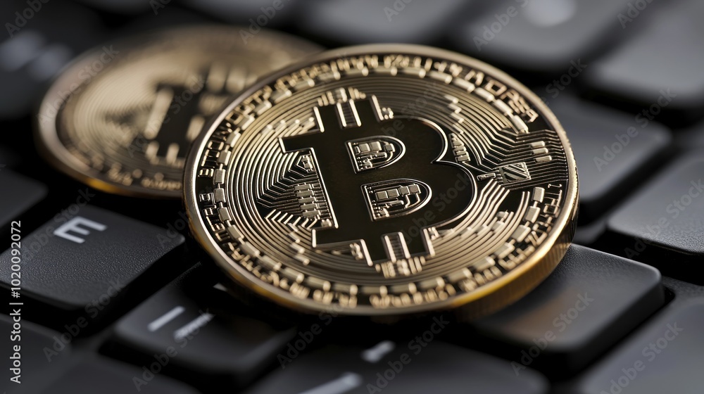 Poster a bitcoin coin placed on a keyboard, reflecting the interconnectedness of technology and finance in 