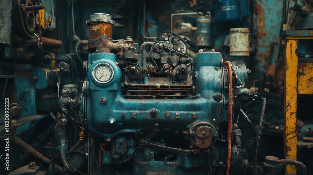 Poster an engine that has been disassembled to replace parts. a mechanic is inspecting and repairing it to 