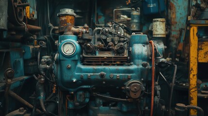 Obraz premium An engine that has been disassembled to replace parts. A mechanic is inspecting and repairing it to get it running properly again.