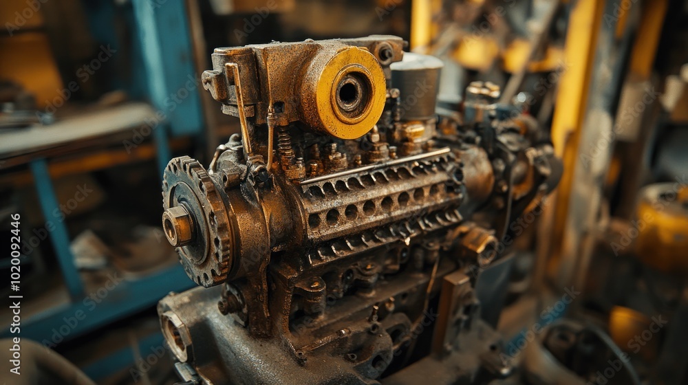 Poster an engine that has been disassembled to replace parts. a mechanic is inspecting and repairing it to 
