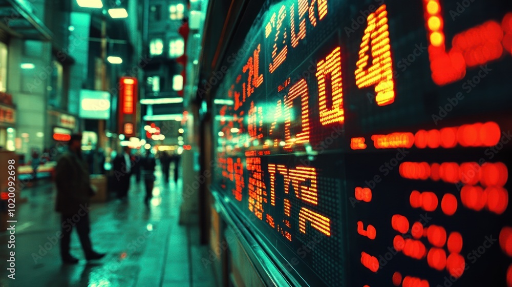 Poster numbers and graphs of stock price changes on a digital board in a stock exchange. data shows movemen