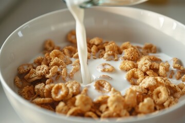 Pouring milk over a bowl of cereal in a bright kitchen setting during morning breakfast time. Close-up