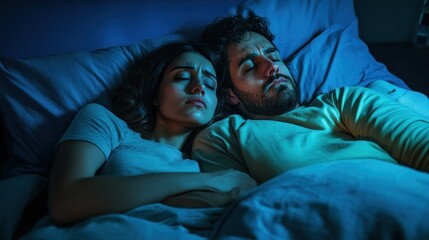 A couple peacefully sleeping together in a dimly lit bedroom.