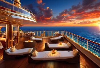 Fototapeta premium stunning ocean vista from exquisite luxury cruise ship experience sunset clear blue waters vibrant sky, sea, horizon, travel, adventure, waves, landscape