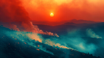 Naklejka premium sun sets behind smoky landscape, with wildfires creating dramatic scene of orange and blue hues. atmosphere is filled with tension and beauty, showcasing natures power