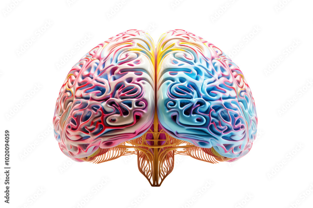 Poster colorful human brain with intricate neural pathways on a white isolate background.