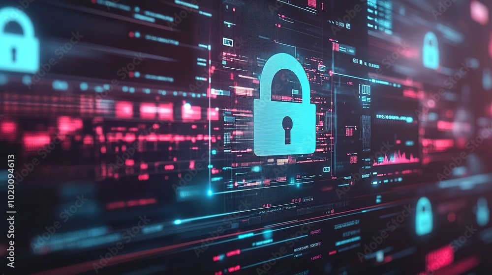 Poster digital security concept with lock and data streams