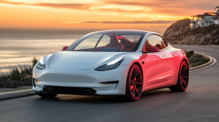 Fototapeta premium A new electric car drives on a seaside road in the morning. Its sleek design and use of clean energy reduce emissions.