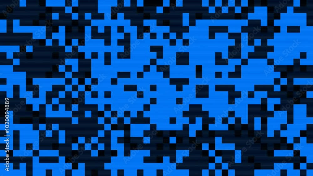 Poster abstract pixel retro 8bit noise static, square black and blue animated retro video game random pixel