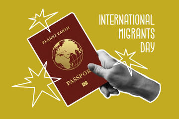 Poster for International Migrants Day, December 18. Holiday of people who moved to live in another country. Political refugee. Hand holding a passport. Vector illustration in trendy style.