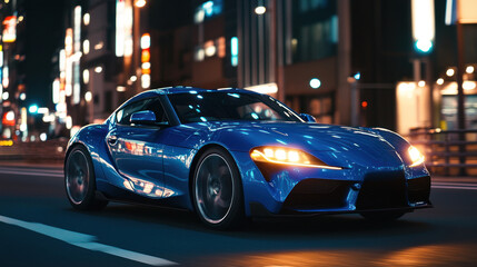 Fototapeta premium A sports car runs on a city road at night. The LED headlights shine and the body is designed to be aerodynamic, increasing efficiency and speed.