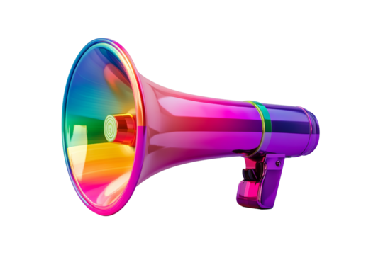 Rainbow Megaphone: Announce your message with style! This vibrant, rainbow-colored megaphone is a powerful symbol of inclusivity and making your voice heard.  Perfect for marketing, announcements.