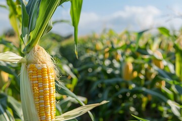 Ripe corn on the cob in the field ready for harvest.