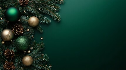 Festive christmas background featuring a lush green scenery with pine trees, glimmering ornaments, and soft snowflakes, creating a cozy and joyful atmosphere perfect for holiday greeting cards, invita