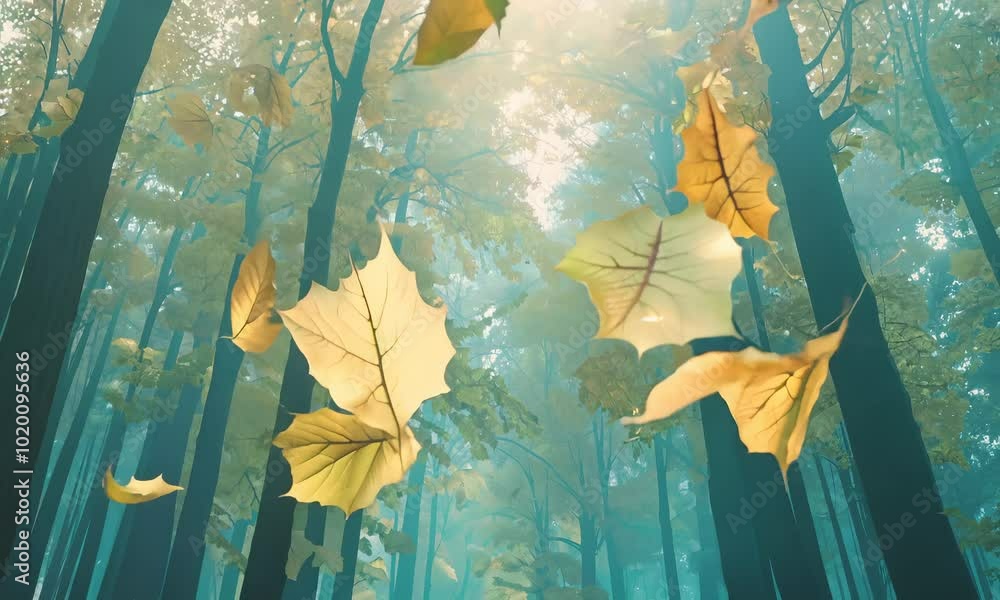 Poster a misty forest with tall trees and falling leaves creating an enchanting and tranquil atmosphere.