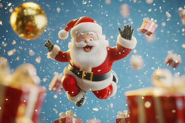Happy santa claus jumping high among gift boxes.