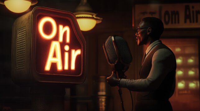 A vintage radio announcer in a 1940s studio, speaking into a large microphone