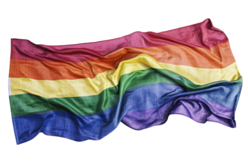 Colorful rainbow flag waving gracefully against a white background, symbolizing pride and diversity.