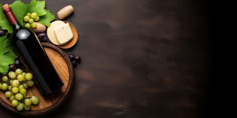 A bottle of red wine with green and black grapes, cheese slices, and corks arranged on a wooden barrel against a dark background, creating a rustic and inviting wine-tasting atmosphere