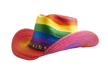 Colorful rainbow straw cowboy hat on white isolated background.