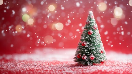 Obraz premium Festive christmas background with sparkling bokeh lights and decorated xmas tree on red canvas, perfect for merry christmas cards, winter holiday themes, and new year celebrations with space for text 