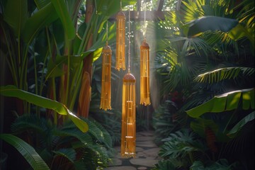 Obraz premium Outdoor bamboo wind chimes surrounded by lush greenery with sunlight filtering through leaves