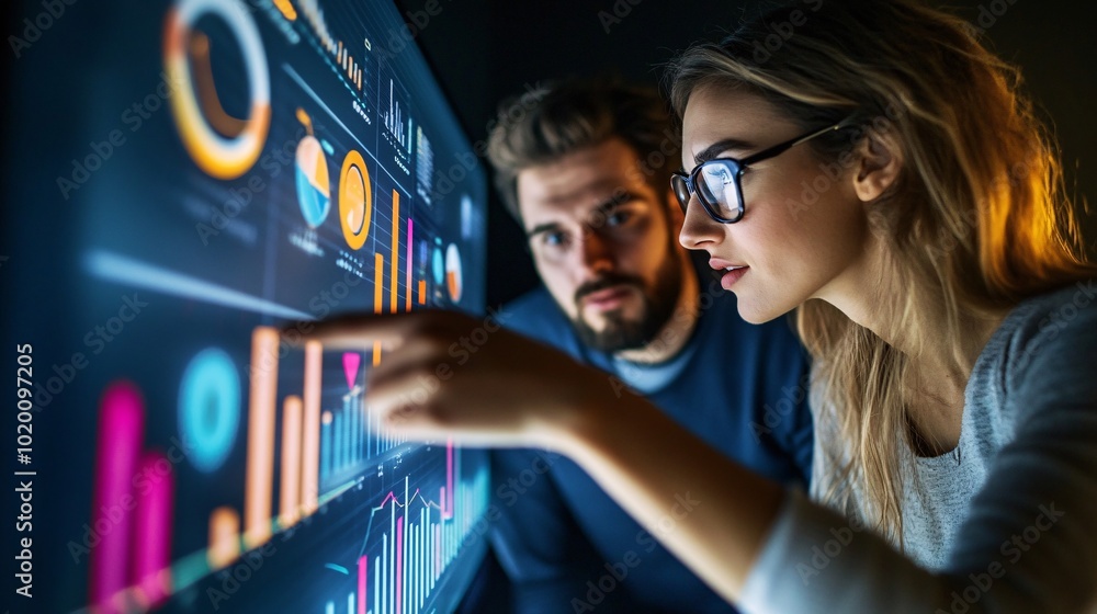 Poster two professionals analyzing data on a screen, collaborating on a project, engaging in discussion, an
