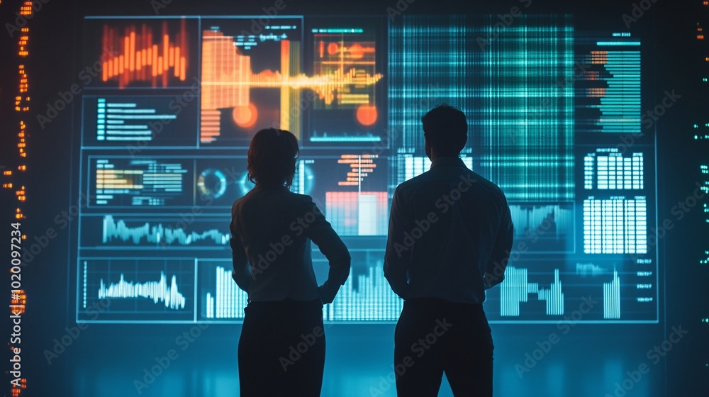 Poster two professionals analyzing data on interactive screens, showcasing advanced technology and business