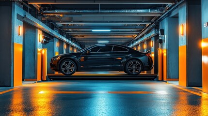 A car parked in an automated smart parking system that uses a lift to lift and move the car to the parking position automatically."