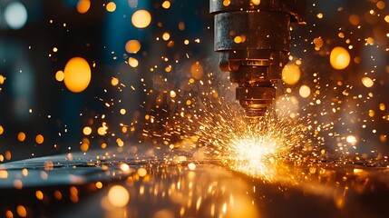 Obraz premium Metalworking Machine with Sparks and Bokeh Lights