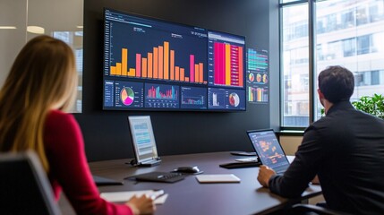 Professionals analyzing data on monitors in a modern office setting, showcasing teamwork and technology in the workplace.