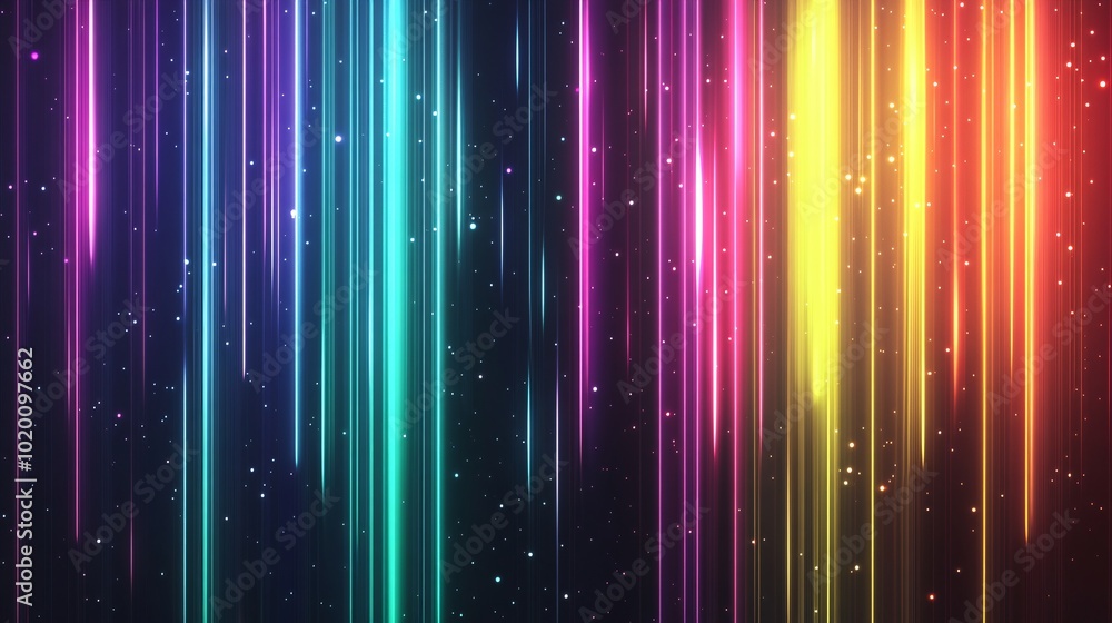 Poster vibrant light streaks in a spectrum of colors against a dark background, creating a dynamic and ener