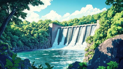 Scenic view of a dam surrounded by lush greenery Scenic landscape of a dam with vibrant green foliage