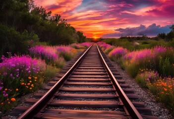 Fototapeta premium rustic train tracks extending into distant sunset horizons vibrant sky overgrown vegetation, clouds, orange, yellow, purple, landscape, nature, rail