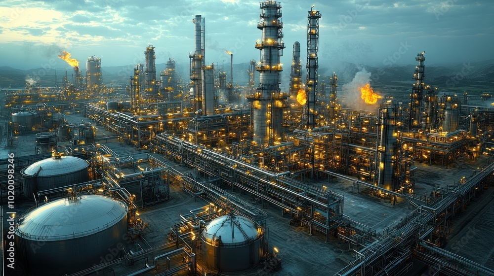 Poster industrial complex with illuminated structures and flaring towers.