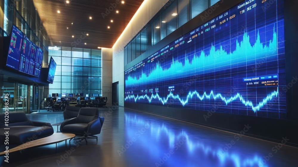 Aufkleber a stock price chart displayed on a large screen in a financial center. stock price data that changes