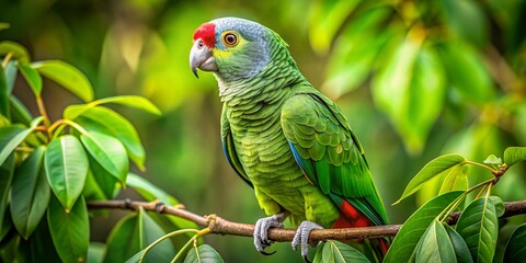 Obraz premium Vibrant White Fronted Parrot Perched on a Branch Amidst Lush Green Foliage in Natural Habitat