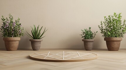 Fototapeta premium Wooden Round Tray with Geometric Design on Natural Wood Floor and Potted Plants