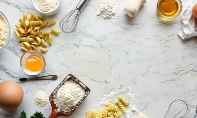 Kitchen ingredients arranged in a frame on a baking and cooking background, perfect for culinary inspiration and recipe presentations