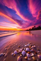 Obraz premium radiant beach sunset embellished vivid hues illuminating sky reflections calm waters, colors, clouds, waves, sand, horizon, nature, illumination, scenery