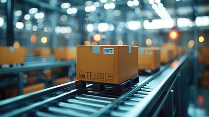 Smart warehouse production with automated packaging robots sorting and boxing products.