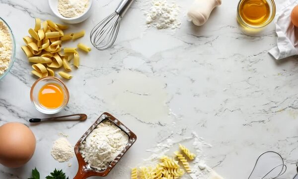 Kitchen ingredients arranged in a frame on a baking and cooking background, perfect for culinary inspiration and recipe presentations