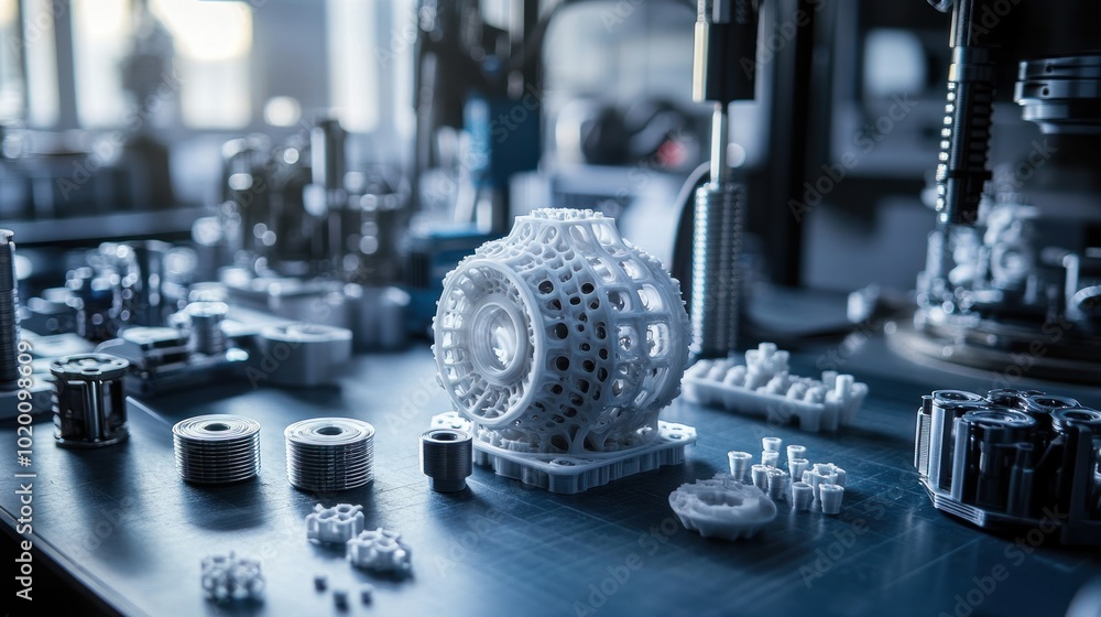 Poster a close-up of 3d-printed car engine parts on a workbench, demonstrating the intricate designs and pr