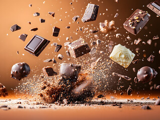 low angle shot of various of chocolate in middle of the air, sparkle reflexed , on black to orange...