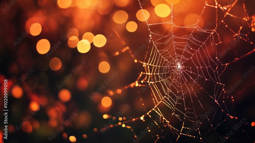 Poster abstract halloween background featuring close up of cobweb with bokeh circles