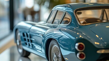 A close-up of a rare blue car model Showcasing the meticulous design and unique lines."