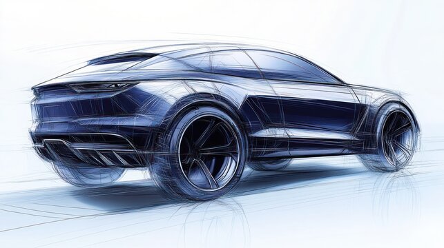 Designers use digital tablets to sketch and refine details of a new SUV, focusing on durability and aesthetics of the body."